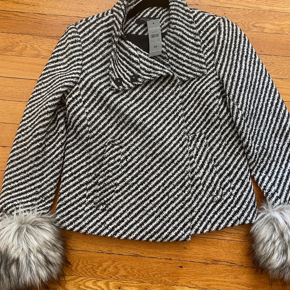 Ann Taylor Black and White Striped jacket with Faux Fur Cuffs